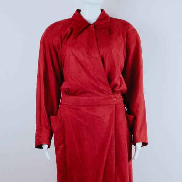 Vintage Vakko Red Suede Shirtdress Avant Garde 80s Size 8 - Picture 1 of 13